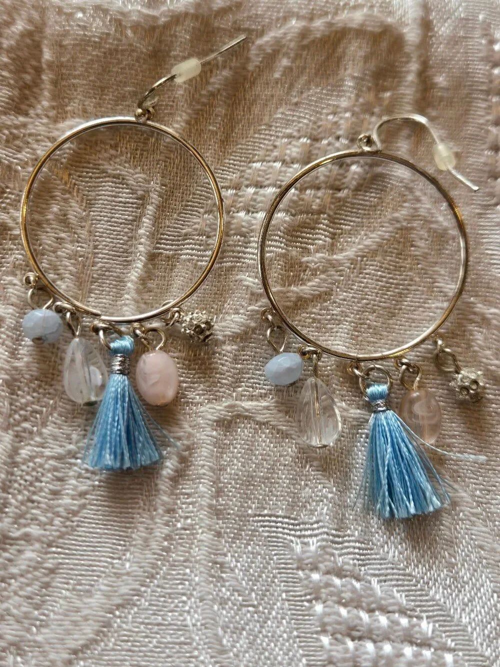 Gold Hoop Earrings with Light Blue Tassel and Pastel Beads